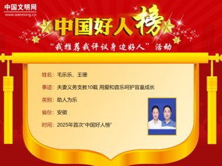 【校友动态】best3652005届音乐教育专业校友毛乐乐、王珊荣登2025年首次“中国好人榜”